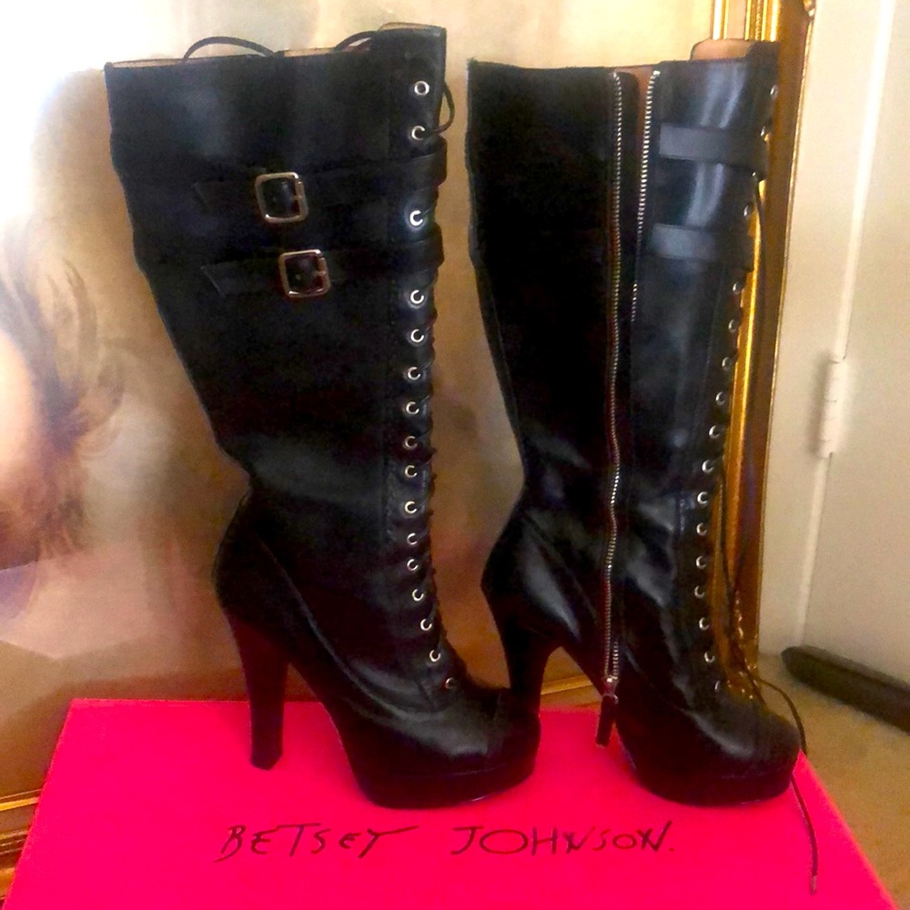Betsy Johnson, leather platform knee high boots, side zipper.